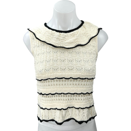 Zara Cream White Sleeveless Crochet Knit Ruffle Collar Crop Sweater Tank Top M