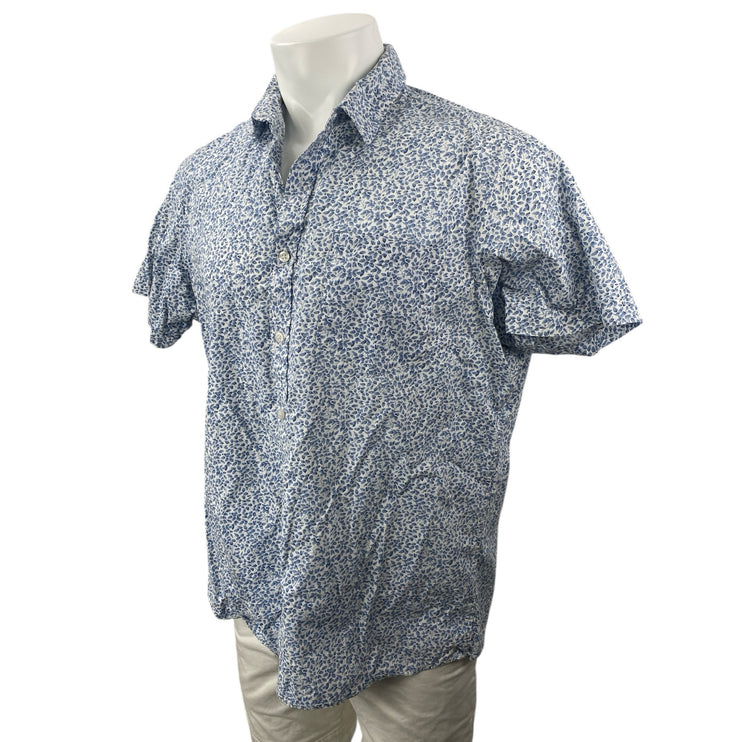 APT.9 Men's Blue Leaf Print Shot Sleeve Casual Button Down Camp Shirt Top Size L