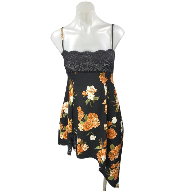 NEW WeWoreWhat Black Floral Lace Sleeveless Asymmetric Cami Mini Slip Dress S