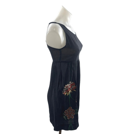 Kanvas Women's Black Floral Embroidery Sleeveless Mini Tank Flare A-Line Dress S