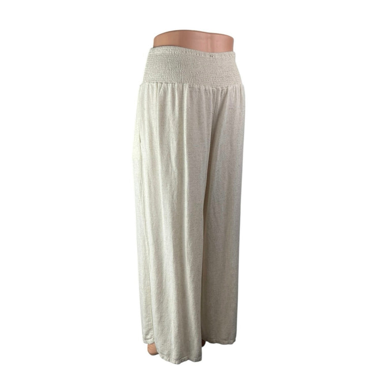 Women's White Smocked High Waisted Boho Wide Leg Cropped Trousers Pants Size L