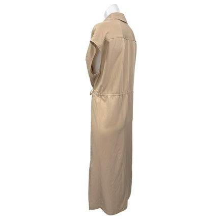Old Navy Tan Beige Sleeveless Collar Button Down Drawstring Midi Shirt Dress M