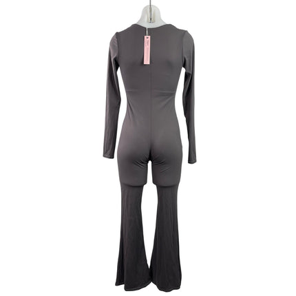 NEW Qinsen Black Long Sleeve Square Neck Wide Leg Bodycon Romper Jumpsuit Size M
