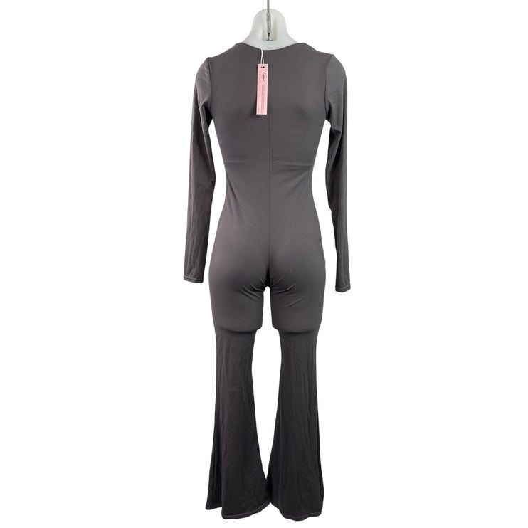 NEW Qinsen Black Long Sleeve Square Neck Wide Leg Bodycon Romper Jumpsuit Size M
