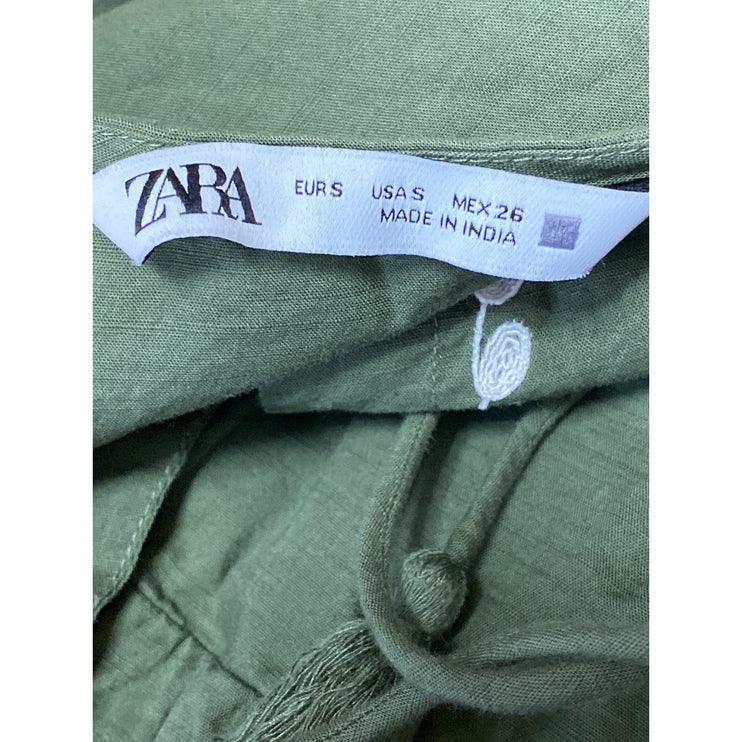 ZARA Green Embroidered Tiered 3/4 Sleeve V Neck Tassels Mini A-Line Dress Size S