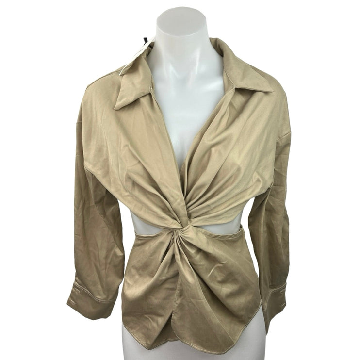 Everyday By Claude Beige Long Sleeve Collared Cut Out Waist Twist Knot Top S/M