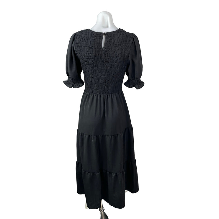 BTFBM Women Black Smocked Tiered Half Puff Sleeve Midi Maxi Flare A-Line Dress S