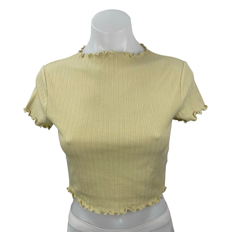 Oak + Fort Yellow Ribbed Lettuce Trim Hem Short Sleeve Crop Tee T-Shirt Top XS
