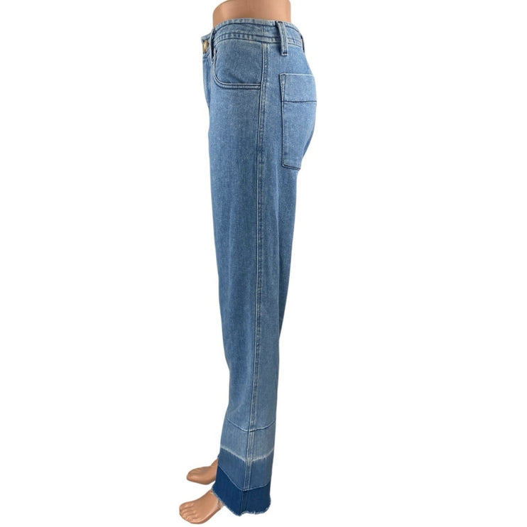 R.G. Kane Womens Blue High Waist Fray Raw Hem Flared Bootcut Denim Jeans Pants 6