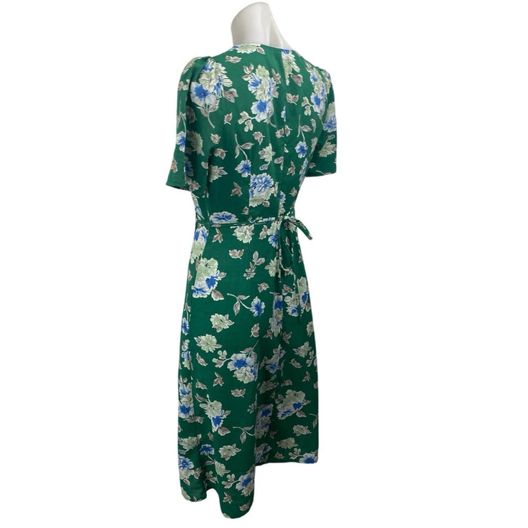 Commense Green Floral Short Sleeve Tie Waist V Neck Midi Wrap Dress Size S