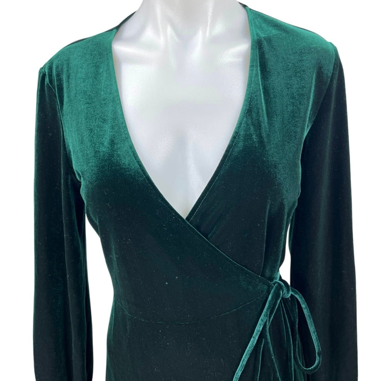 Zara Green Velvet Velour V-neck Long Sleeve Mini Fit & Flare Wrap Dress Size S