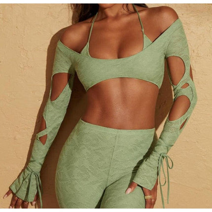 Oh Polly Green Cutout Long Sleeve Scop Neck Tie Off The Shoulder Crop Top Size 4