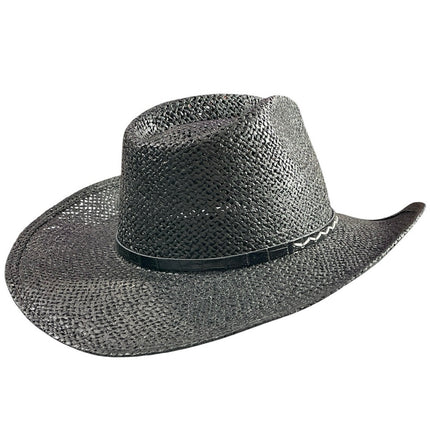 STETSON Onyx Black Woven Leather Band Curled Wire Brim Western Cowboy Hat Size M