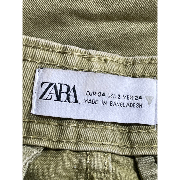 Zara Women's Green High Rise Military Barrel Wide Leg Cargo Denim Jeans Pants 2