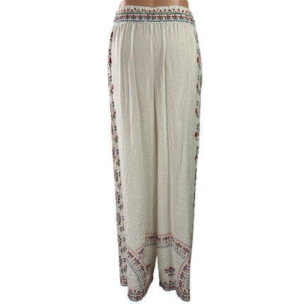 Natural Life Women's White Floral Embroidered Wide Leg Palazzo Trousers Pants M