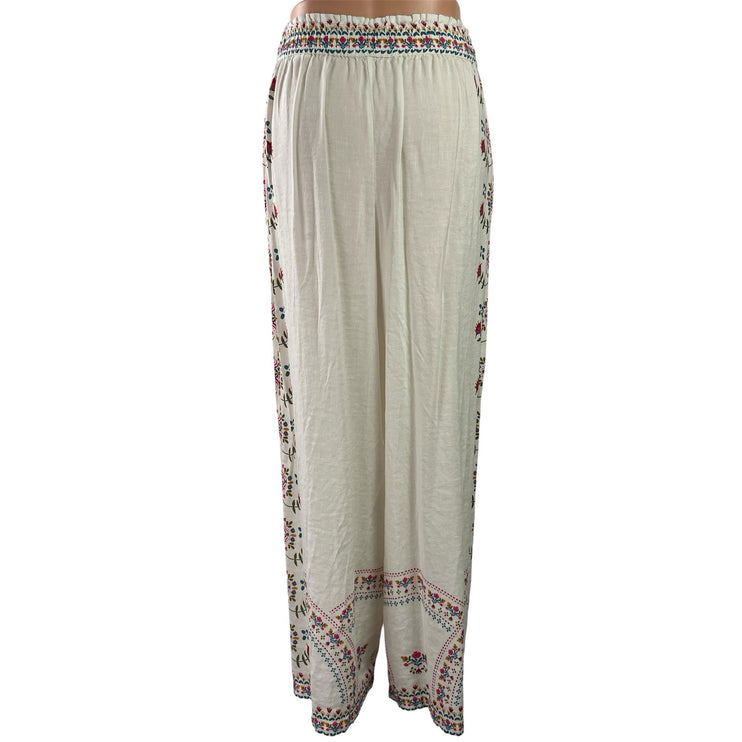 Natural Life Women's White Floral Embroidered Wide Leg Palazzo Trousers Pants M