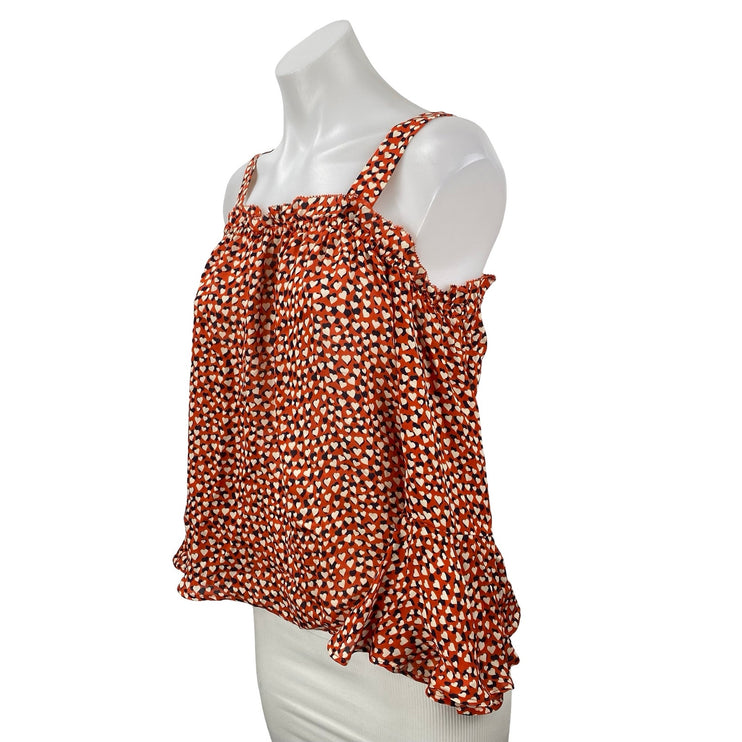 J.Crew Women's Coral 100% Silk Hearts Love Ruffle Cold Shoulder Blouse Top Sz 2