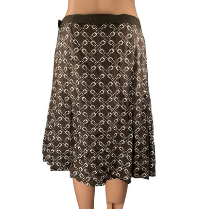 J.Crew 100% Silk Satin Brown Equestrian Print Pleated Knee Length A-Line Skirt 4