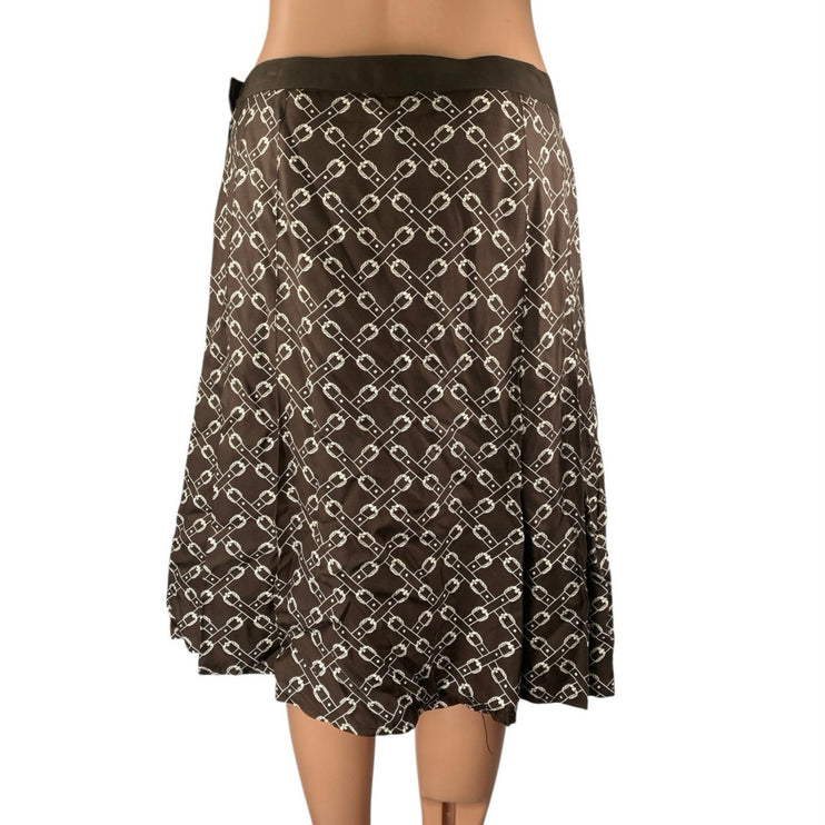 J.Crew 100% Silk Satin Brown Equestrian Print Pleated Knee Length A-Line Skirt 4