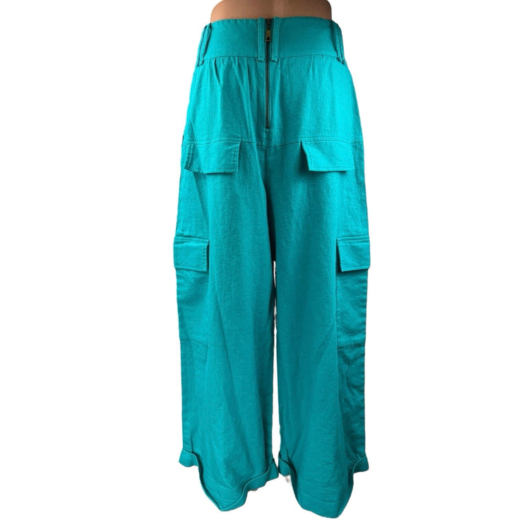 Nativozza La Rouge Blue Linen High Waisted Baggy Loose Trouser Cargo Pants 38