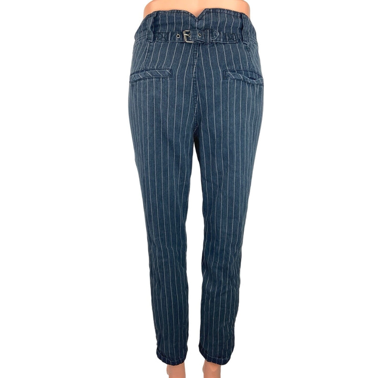 Free People Blue Pinstriped Belted Buckle Mid Rise Ankle Skinny Pants Size 4