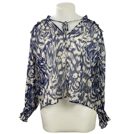 Zara Women's Blue Cream Long Sleeves Abstract Print Ruffles Sheer Blouse Top XL