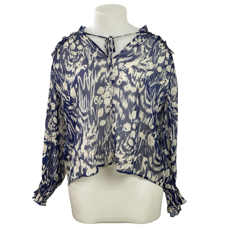 Zara Women's Blue Cream Long Sleeves Abstract Print Ruffles Sheer Blouse Top XL