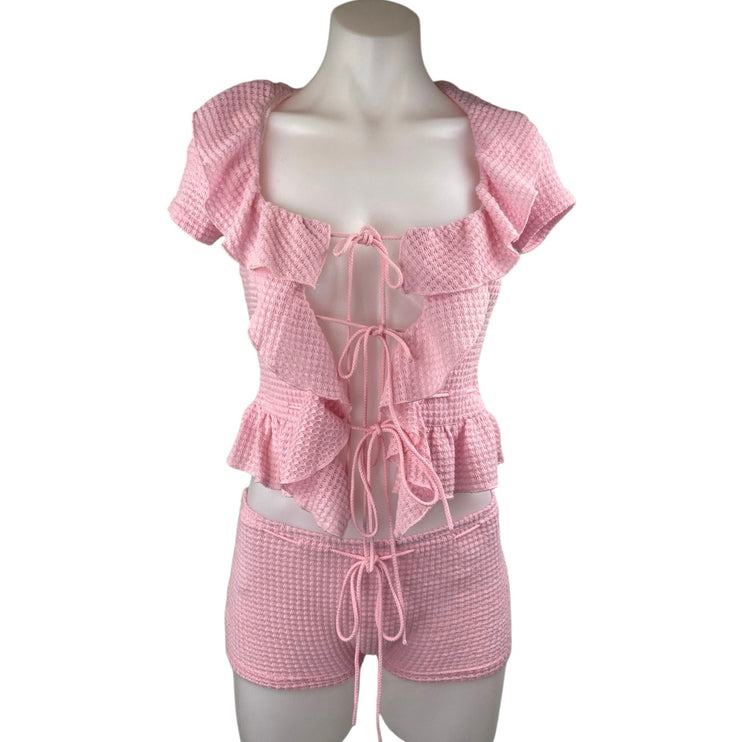 NEW White Fox Pink Crochet Ruffle Tie Front Peplum Crop Top & Mini Shorts Set XS
