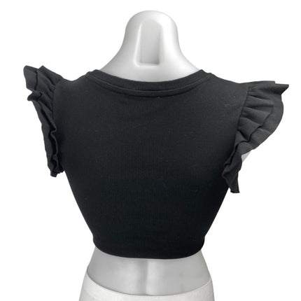 Zara Women's Black Rib Knit Ruffle Flutter Short Sleeve Crop Blouse Top Size S