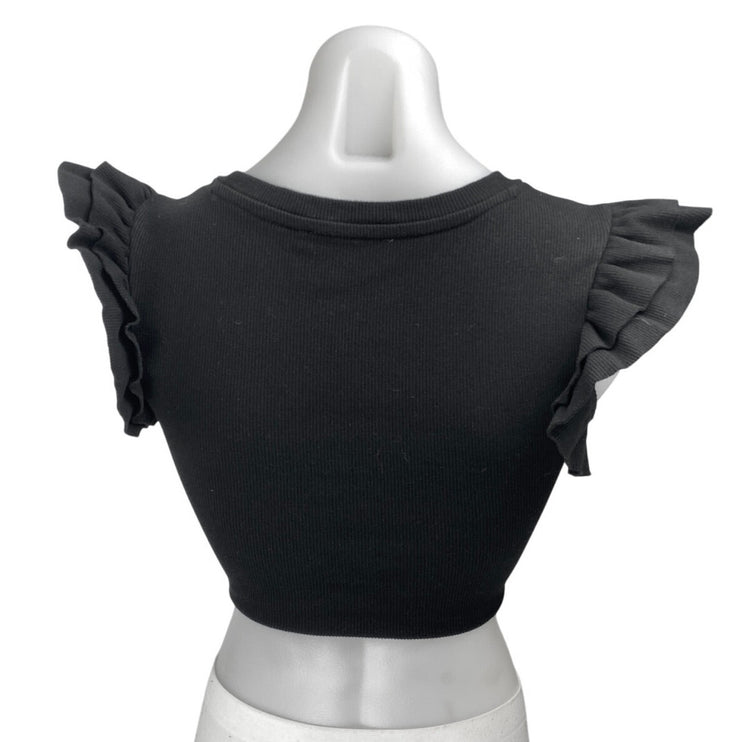 Zara Women's Black Rib Knit Ruffle Flutter Short Sleeve Crop Blouse Top Size S