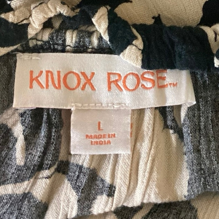 Knox Rose Black Floral Print Ruffle Tie Neck Balloon Long Sleeve Blouse Top Sz L