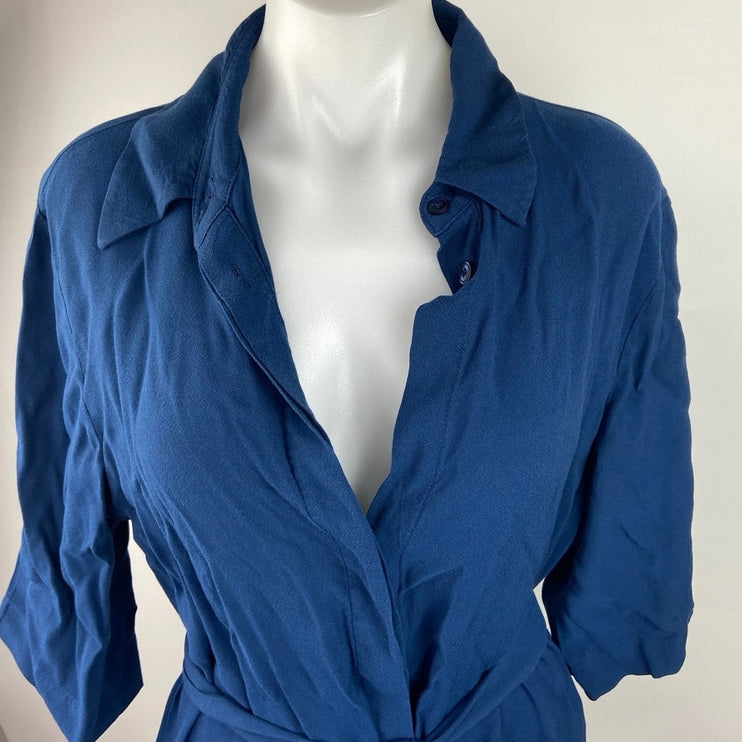 Mango MNG Blue Button Down Half Sleeve Tie Waist Belt Collar Shirt Dress Size L