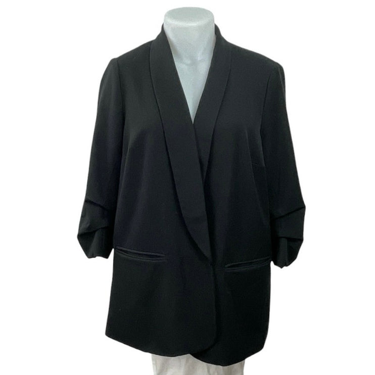 DR2 Womens Black Ruched 3/4 Sleeve Notched Collar Cardigan Blazer Coat Jacket 2X