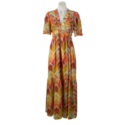 ba&sh Axana Women's Multicolored Short Sleeves Abstract Tiered Maxi Dress Sz S