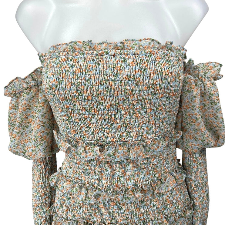 Alamour Jules Floral Off Shoulder Shirred Smocked Puff Sleeve Mini Dress Size XS