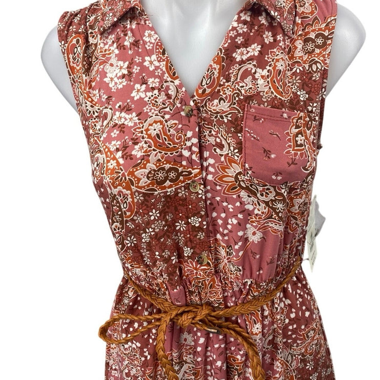 NEW No Boundaries Pink Paisley Floral Button Sleeveless Asysmetric Shirt Dress S