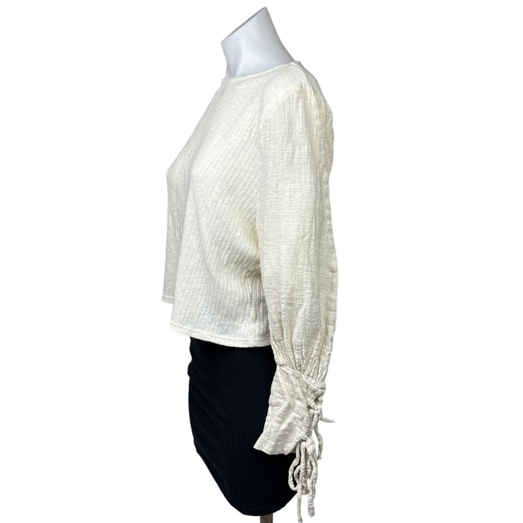 Zara Womens White Cream Ribbed Tie Balloon Sleeve Crop Pullover Sweater Size S