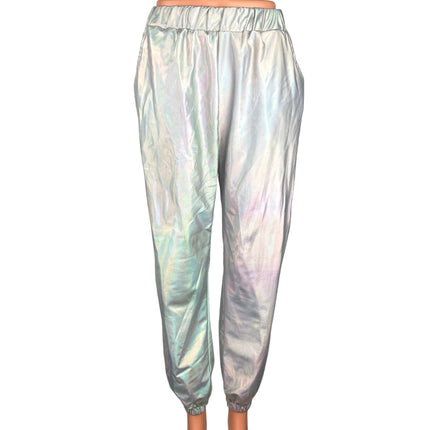 Womens Iridescent Silver Metallic Rainbow Elastic Waist Track Pants Joggers Sz S