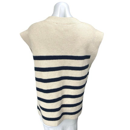 Zara Beige Black Ribbed Knit Striped Drop Short Sleeve Crew Neck Sweater Top S