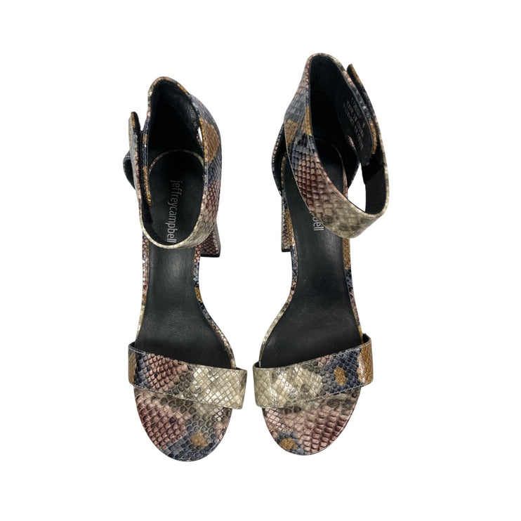 Jeffrey Campbell Lindsay Snakeskin Block Heels Open Toe Strappy Heels Sandals 8