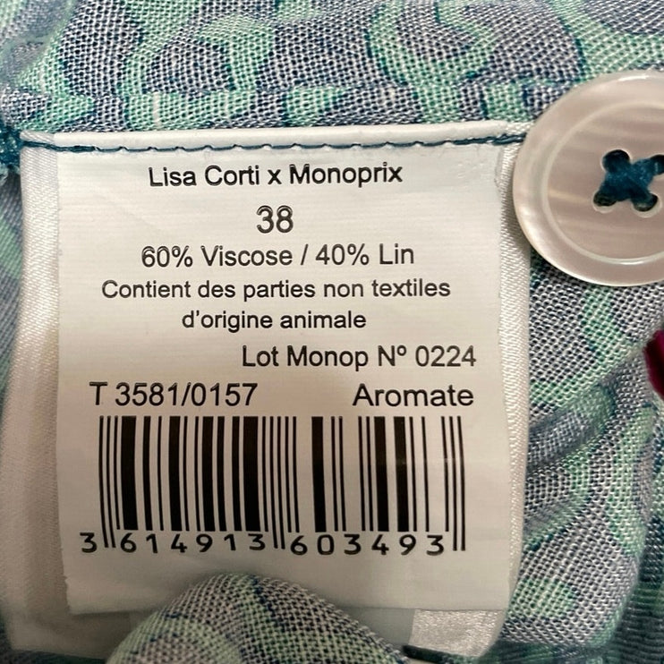 Lisa Corti Monoprix Women Green Linen Geometric High Rise Bermuda Shorts Size 38