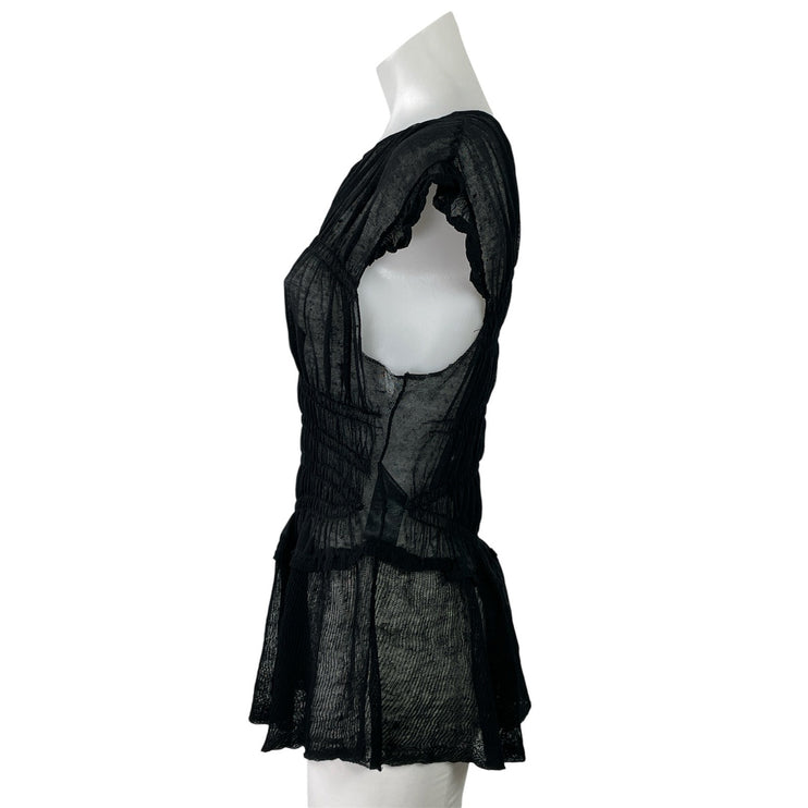 By Anthropologie Black Sheer Smocked Ruffled Asymmetrical Blouse Top Size S