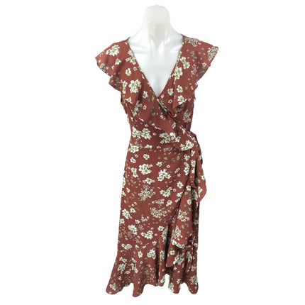 NEW Max Studio Brown Floral Ruffle Sleeveless Midi A-Line Wrap Dress $128 Size M
