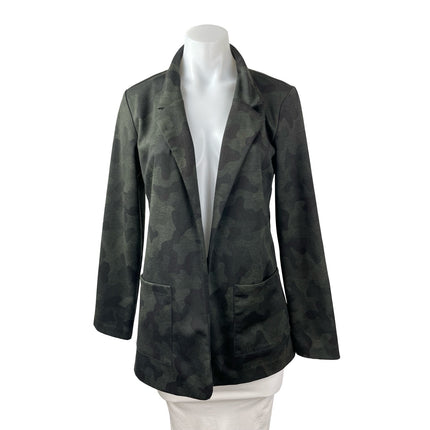 Rachel Zoe Black Green Camo Army Long Sleeve Open Blazer Coat Jacket Size S