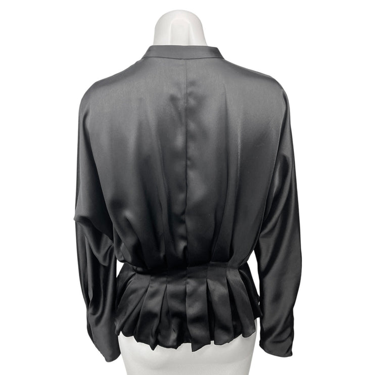 Equipment Black Silk Satin Long Sleeve Pleated Peplum Button Shirt Blouse Top M