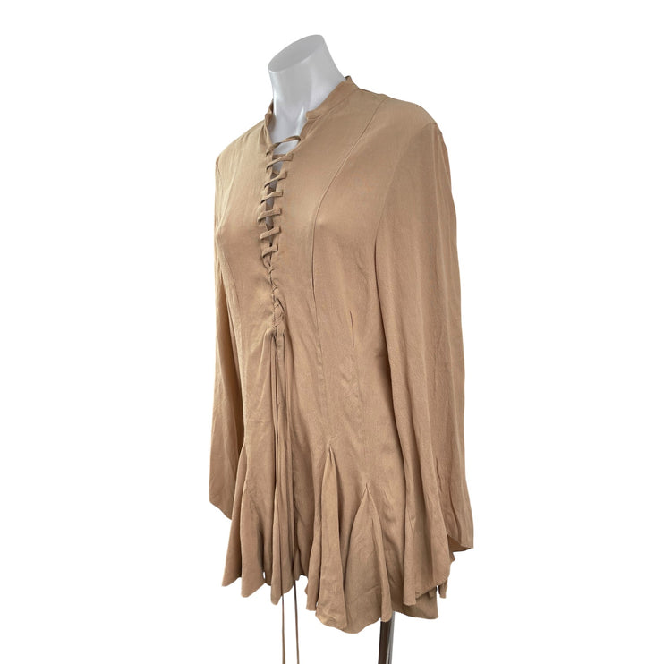 NEW H&M Womens Tan Lace Up Long Sleeve Ruffle Pleated A Line Mini Dress Size S