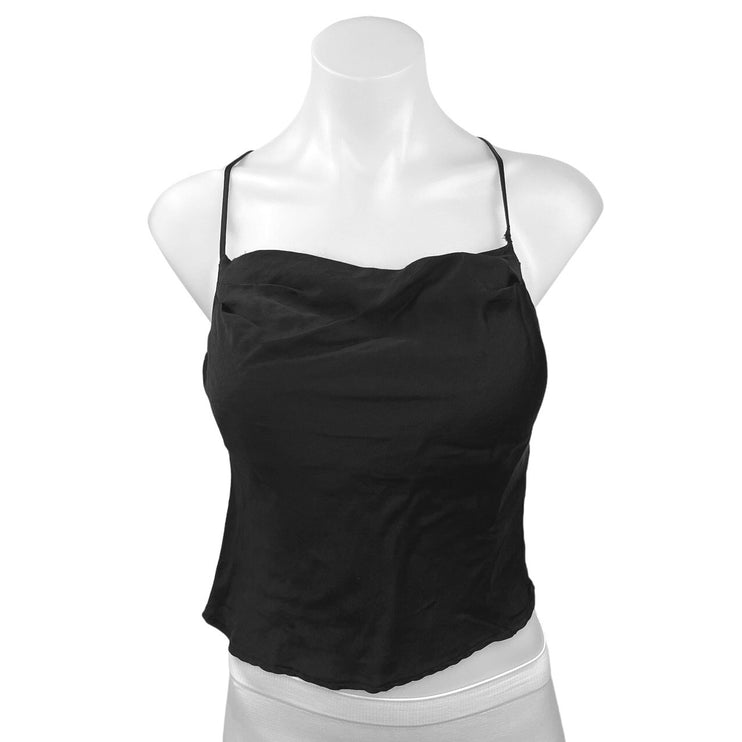 Zara Black Silky Satin Spaghetti Strap Cowl Neck Camisole Crop Tank Top Size S