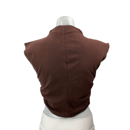 Reformation Brown Sleeveless Ruched Shoulder Pads Mock Neck Crop Tank Top Size M