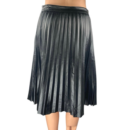 Monteau LA Black Faux Leather Vegan Pleated High Waist A Line Midi Skirt Size M