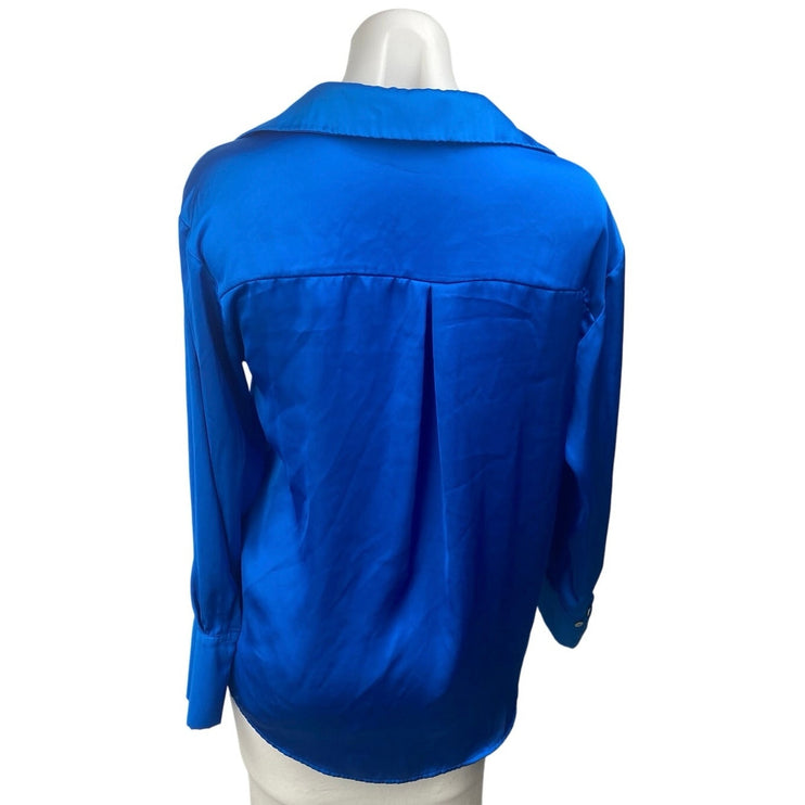 Zara Women's Blue Silk Satin Long Sleeve V Neck Button Down Shirt Top Size XS